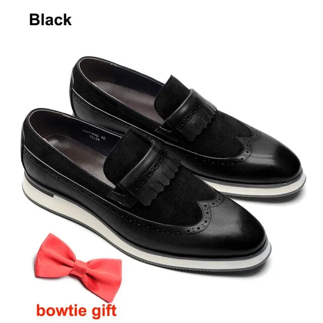 Genuine Leather Suede Wingtip Tassel Flat Loafers