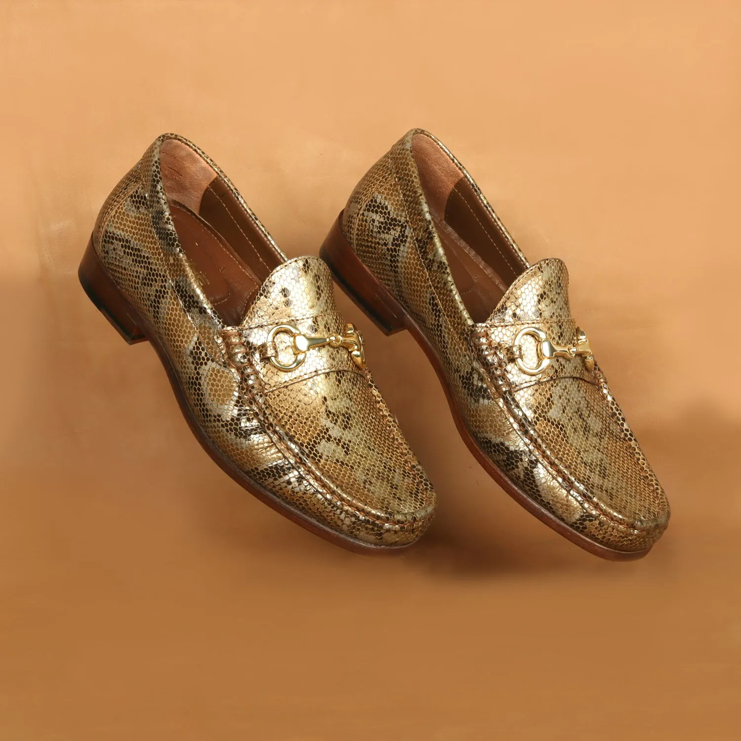 Golden Snake Print Leather Loafer with Horse-bit Buckle