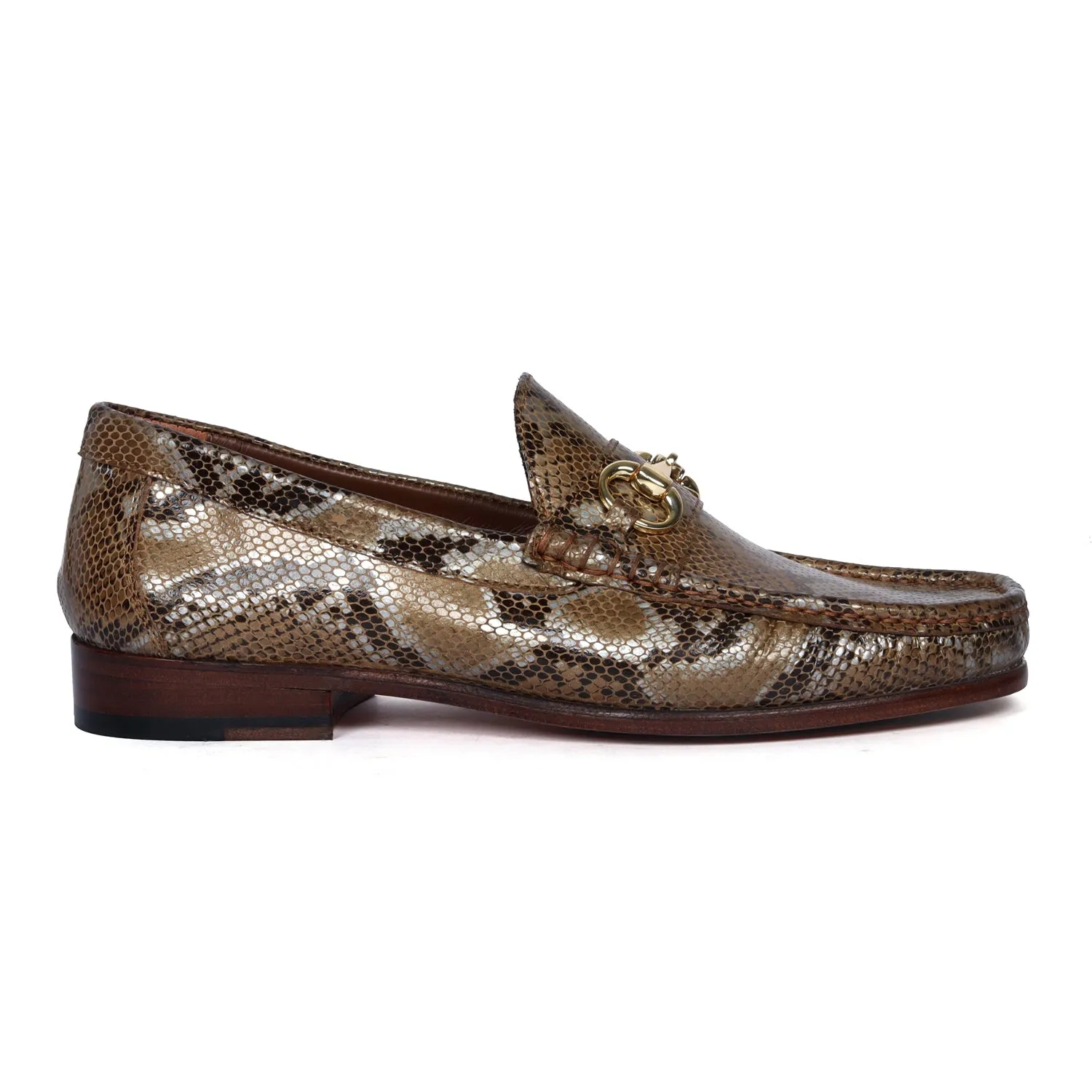 Golden Snake Print Leather Loafer with Horse-bit Buckle