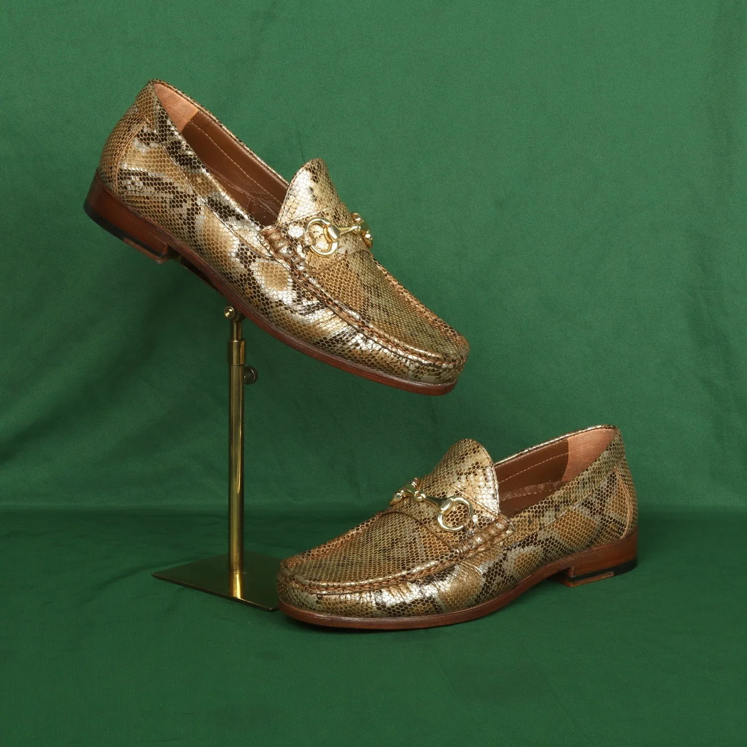 Golden Snake Print Leather Loafer with Horse-bit Buckle