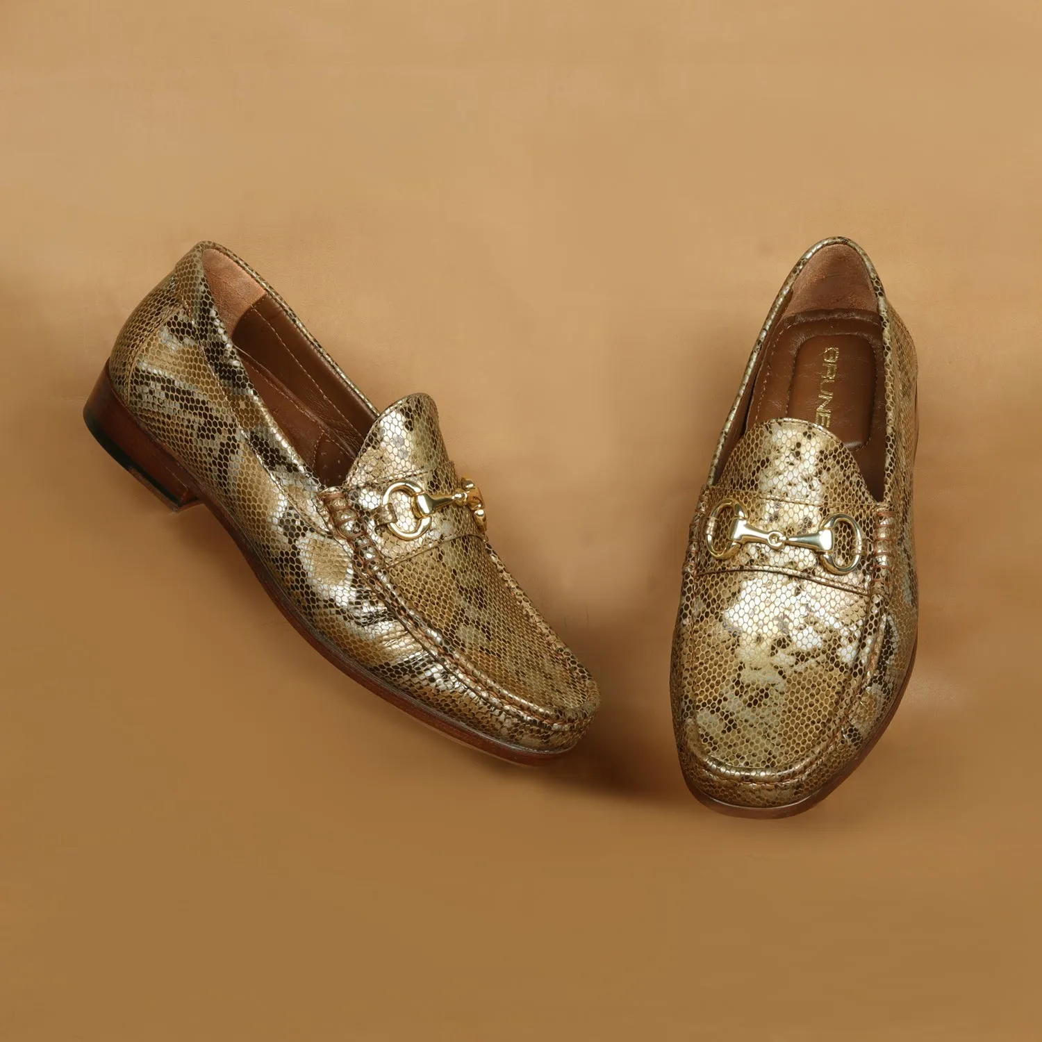 Golden Snake Print Leather Loafer with Horse-bit Buckle