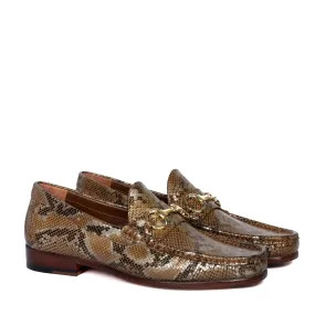 Golden Snake Print Leather Loafer with Horse-bit Buckle