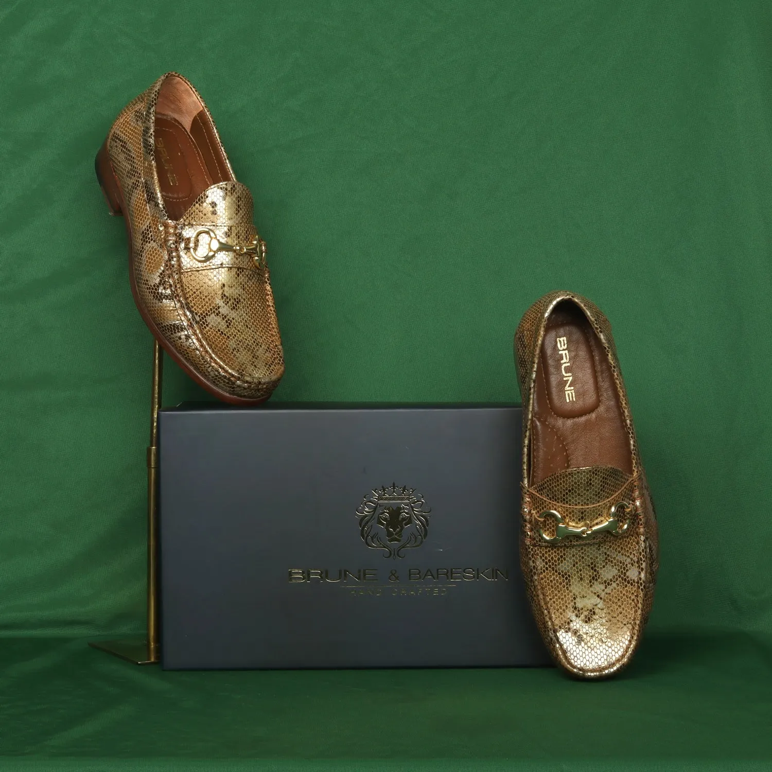 Golden Snake Print Leather Loafer with Horse-bit Buckle