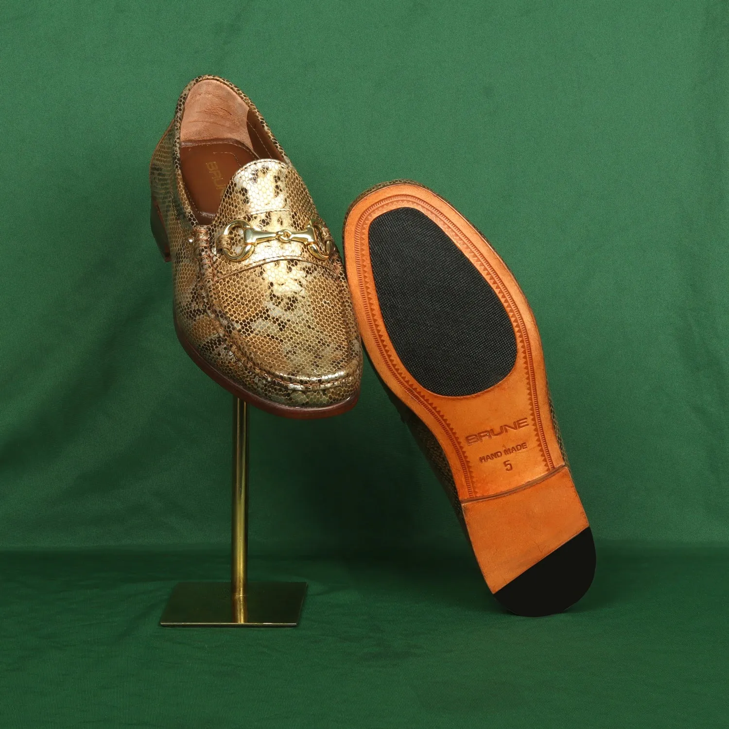 Golden Snake Print Leather Loafer with Horse-bit Buckle