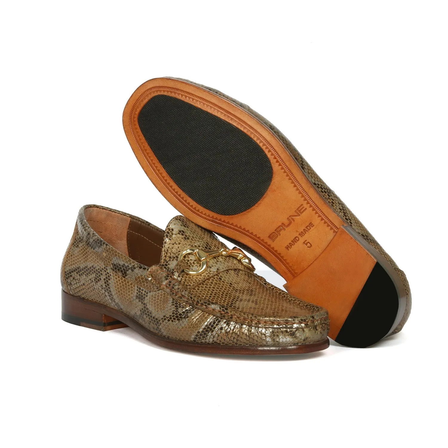 Golden Snake Print Leather Loafer with Horse-bit Buckle