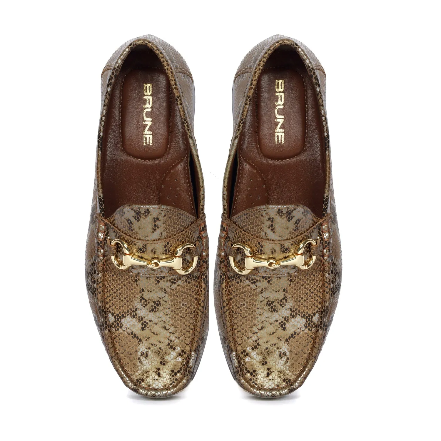 Golden Snake Print Leather Loafer with Horse-bit Buckle