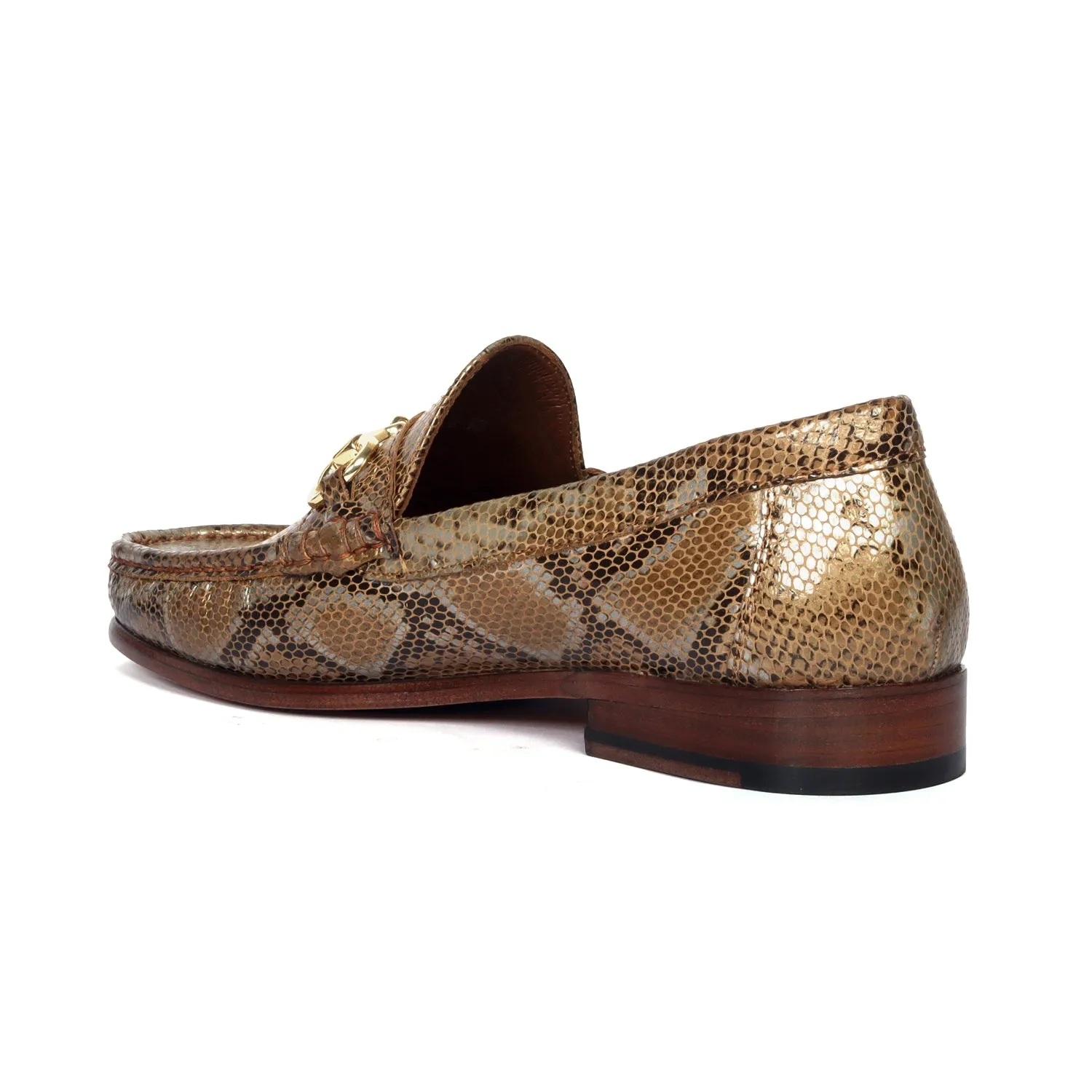 Golden Snake Print Leather Loafer with Horse-bit Buckle