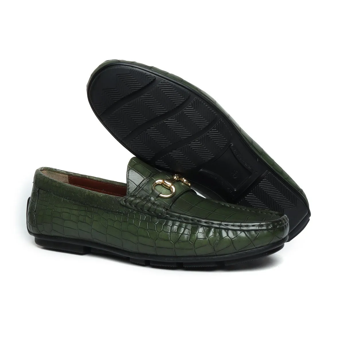 Green Croco Textured Leather Loafers