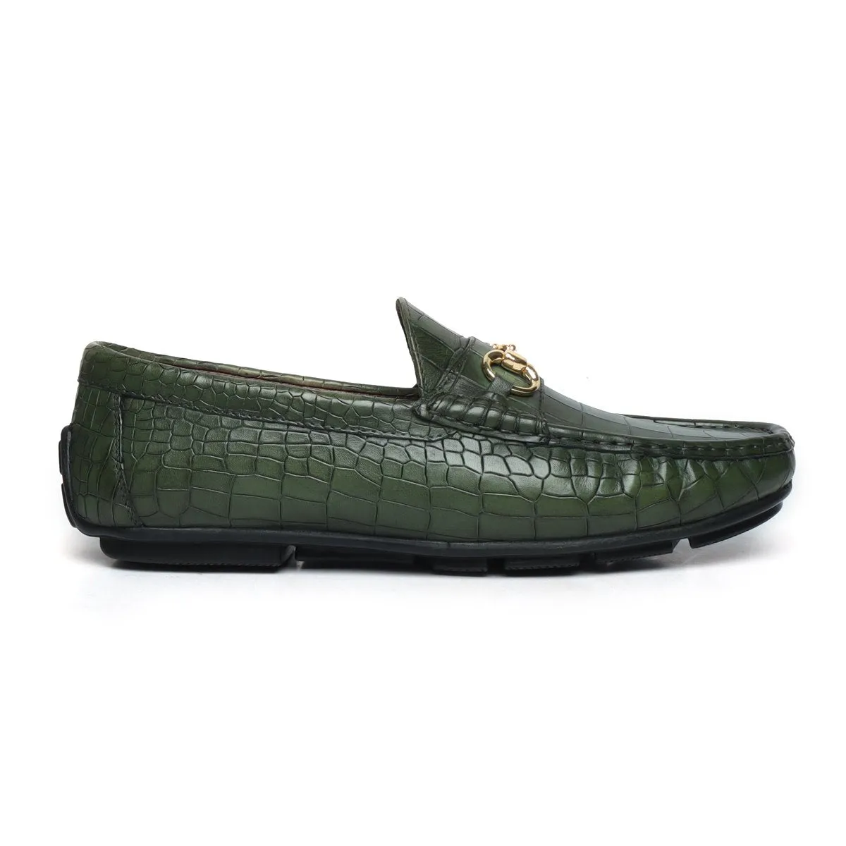 Green Croco Textured Leather Loafers