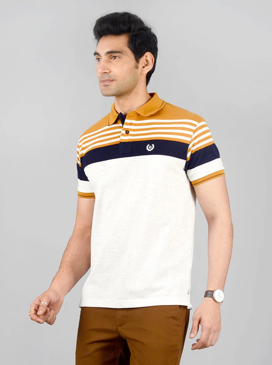 Grey & Yellow Striped Slim Fit Polo T-shirt | Greenfibre