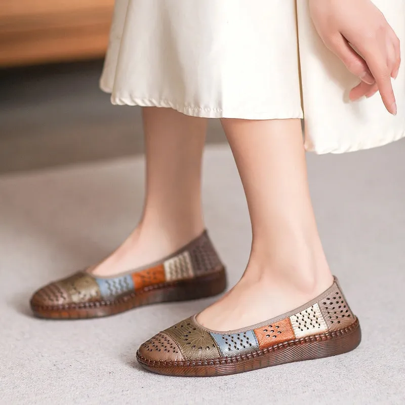 Handmade Hollow Out Leather Sandals Retro Loafers Beige/Red/Green