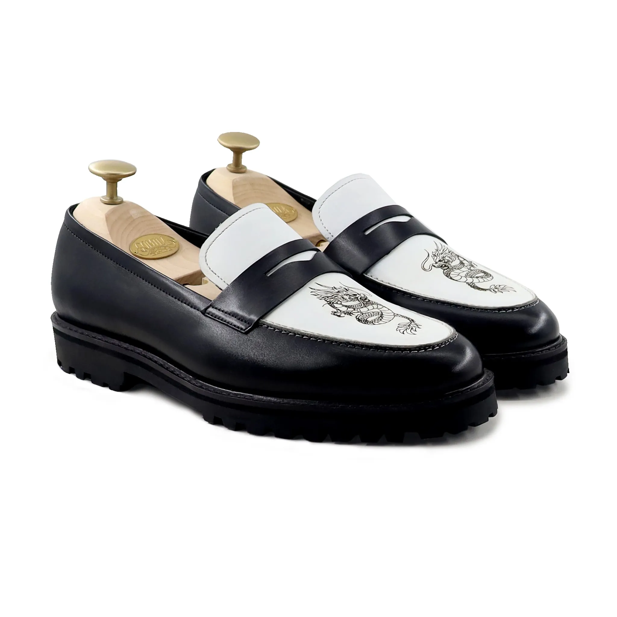 Hobart - Men's Black and White Calf Leather Loafer (Dragon Edition)