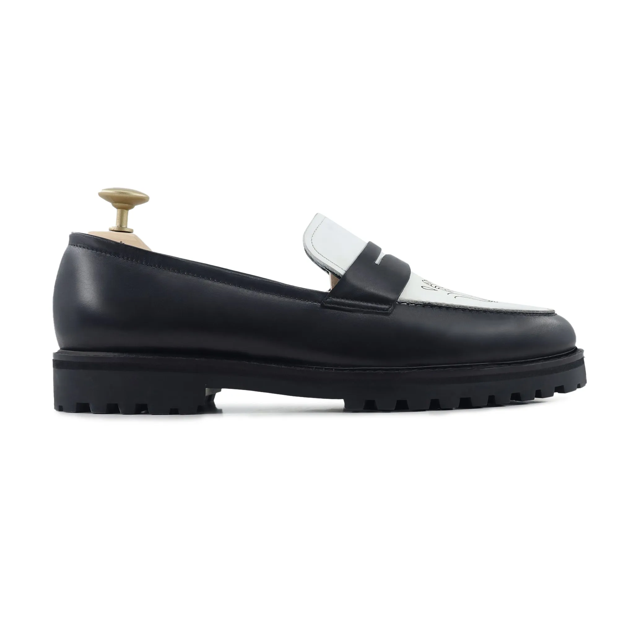 Hobart - Men's Black and White Calf Leather Loafer (Snake Edition)