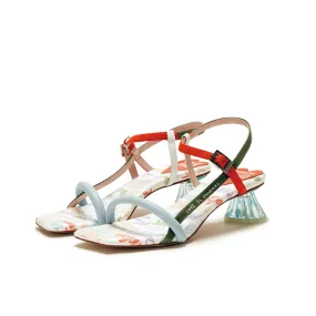 Ladies' Allover Print Vase Heel Sandal 5513 White