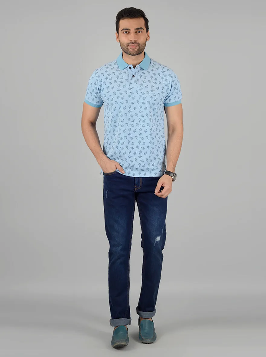 Light Blue Printed Slim Fit Polo T-Shirt | Greenfibre