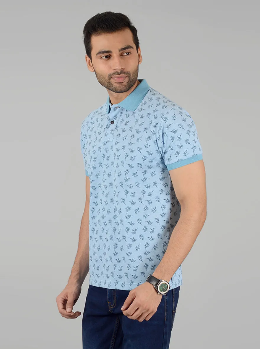 Light Blue Printed Slim Fit Polo T-Shirt | Greenfibre