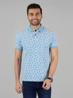 Light Blue Printed Slim Fit Polo T-Shirt | Greenfibre