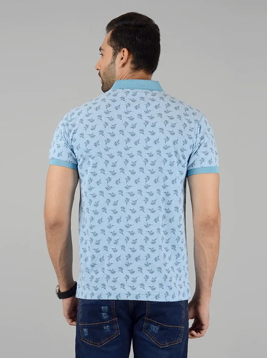 Light Blue Printed Slim Fit Polo T-Shirt | Greenfibre