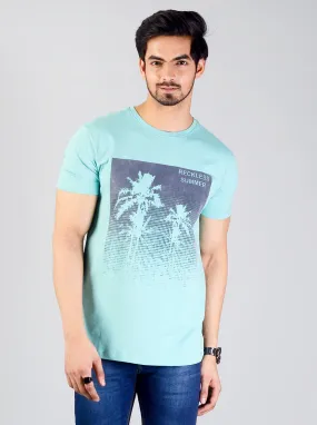 Light Turquoise Blue Printed Slim Fit T-shirt | JadeBlue