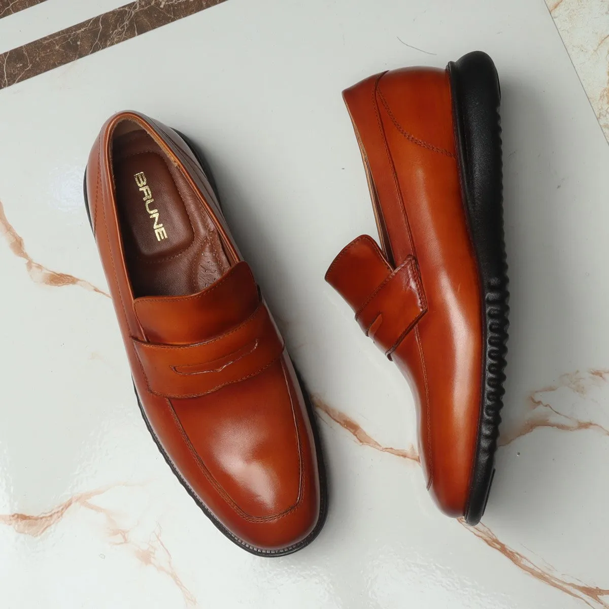 Light Weight Tan Leather Loafers with Black Sole