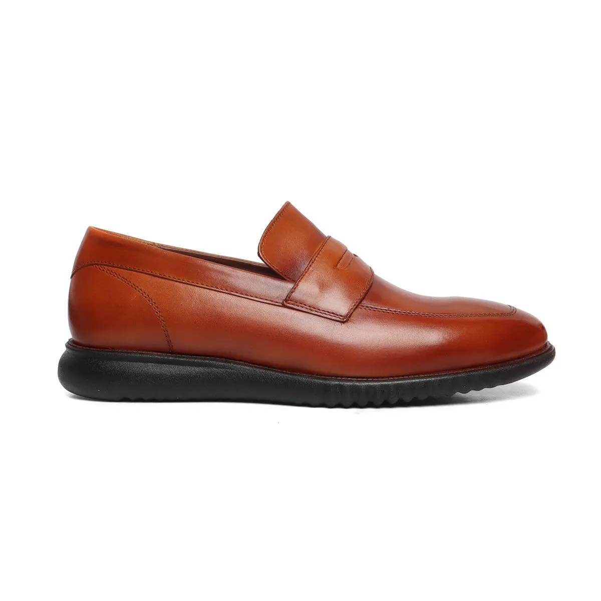 Light Weight Tan Leather Loafers with Black Sole