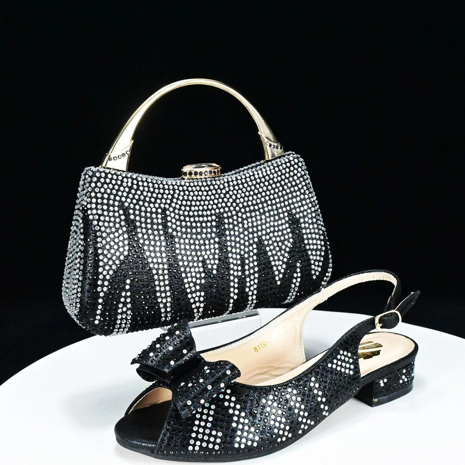 Low-Heeled Casual Daily Sandals With Handle Clutch Bag, Rhinestones Women Shoes Bag Set ,Beautiful Party Shoe Bag Set, Rhinestone Decoration Women’s Shoe Bag Set WL 21400