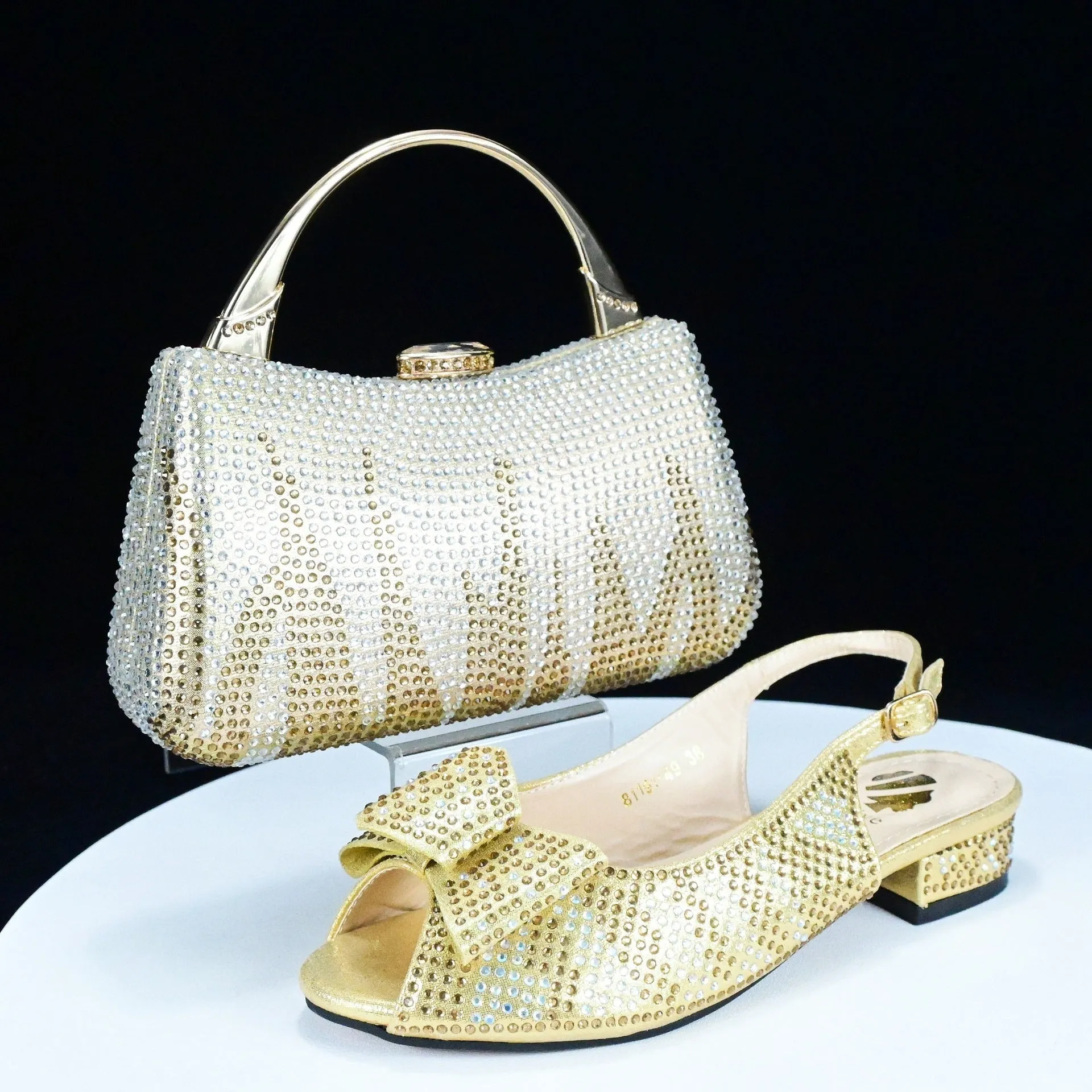 Low-Heeled Casual Daily Sandals With Handle Clutch Bag, Rhinestones Women Shoes Bag Set ,Beautiful Party Shoe Bag Set, Rhinestone Decoration Women’s Shoe Bag Set WL 21400