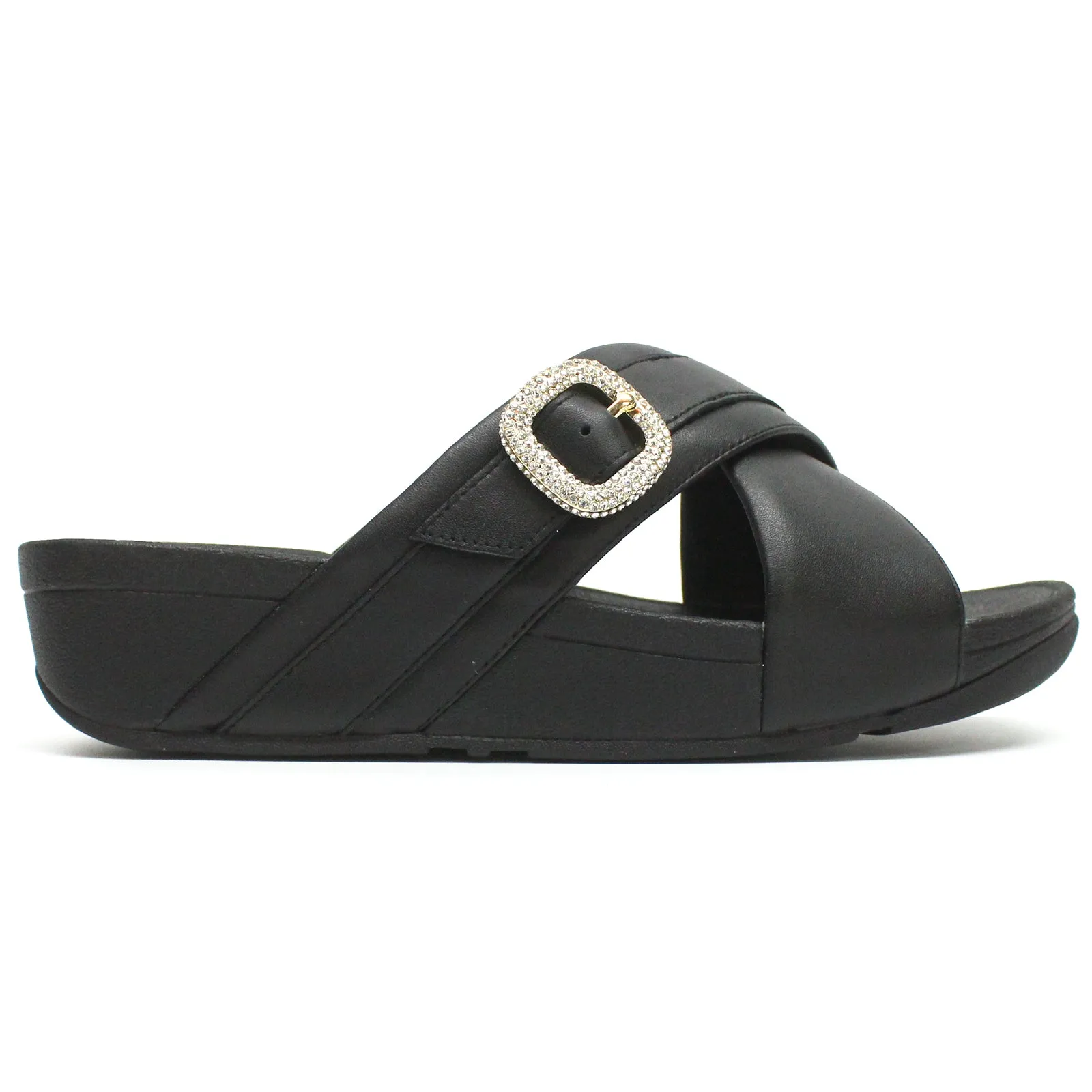 Lulu Crystal Buckle Cross Slides Leather Women's Slip On Sandals