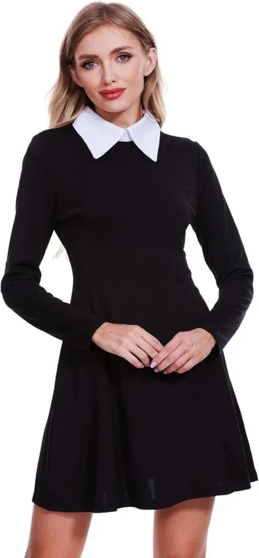 LUYANA Halloween Costumes for Adult Women Long Sleeve Black Dress Wednesday Addams Dress