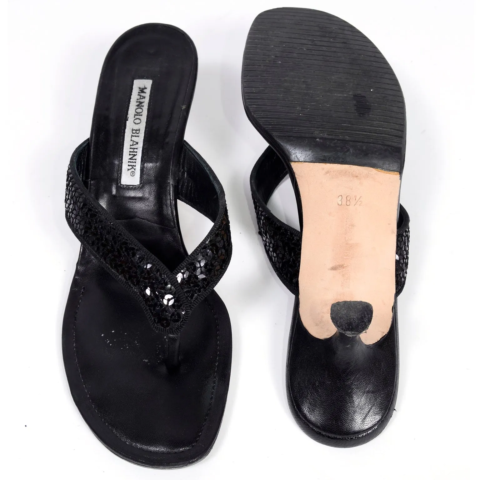 Manolo Blahnik Black Leather Thong Sandals w/ Sequins & Heels 38.5