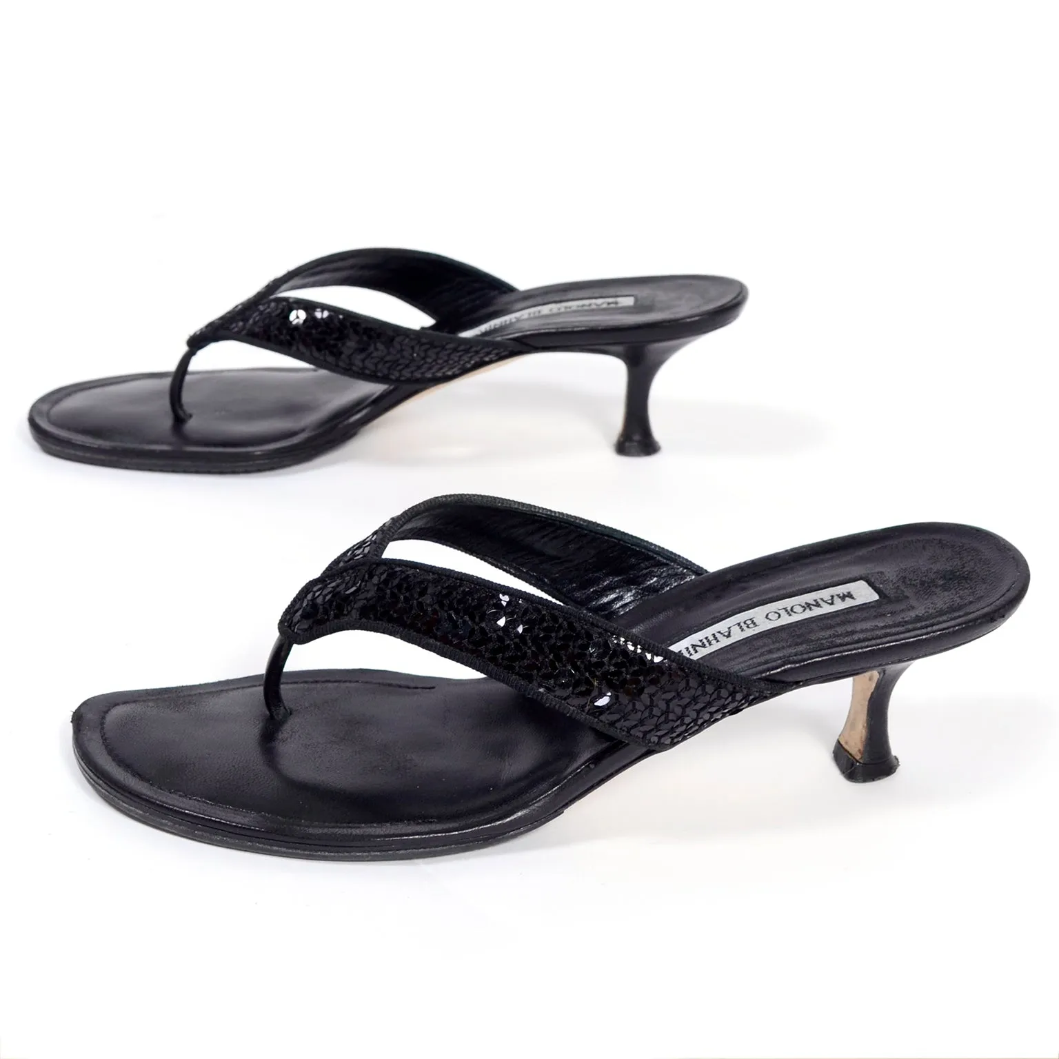 Manolo Blahnik Black Leather Thong Sandals w/ Sequins & Heels 38.5