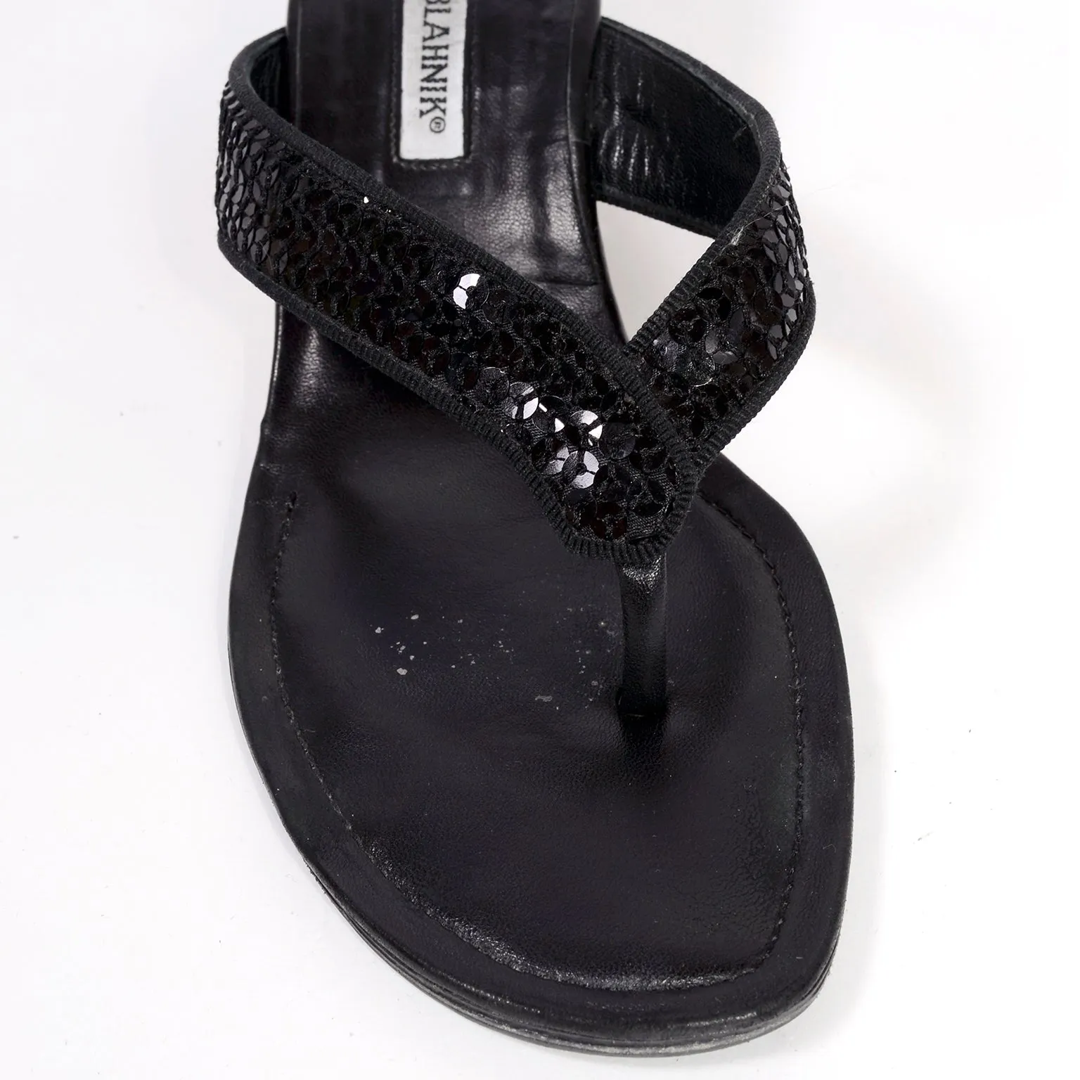 Manolo Blahnik Black Leather Thong Sandals w/ Sequins & Heels 38.5