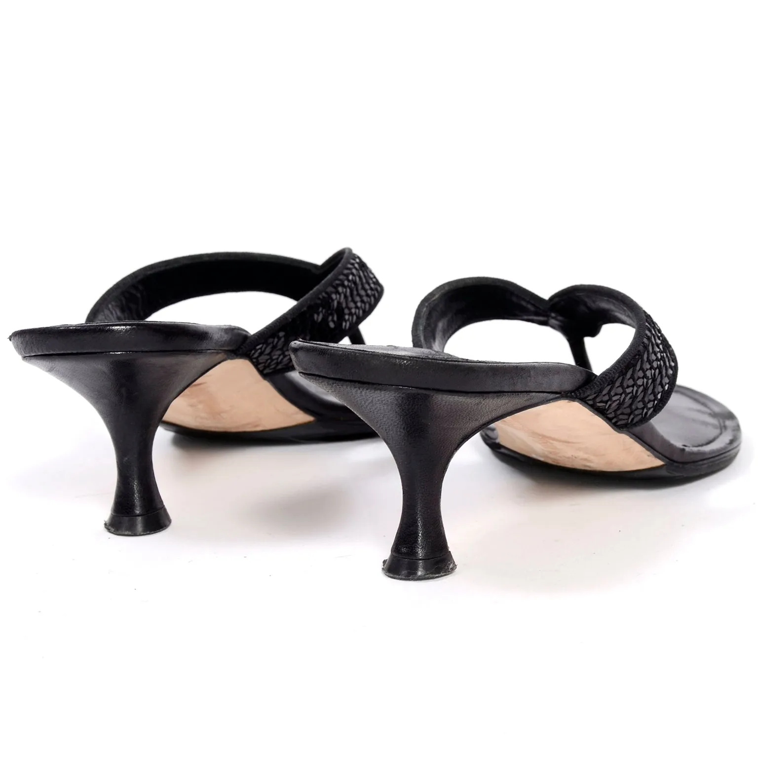 Manolo Blahnik Black Leather Thong Sandals w/ Sequins & Heels 38.5