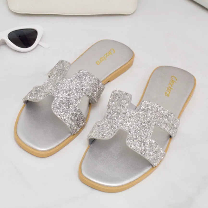 Maya - Silver Crystal Detail H Style Slider Sandal