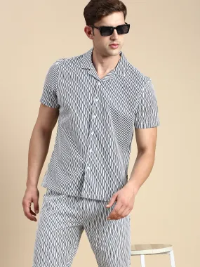 Men Cuban Collar Striped Off White Co-Ords Set