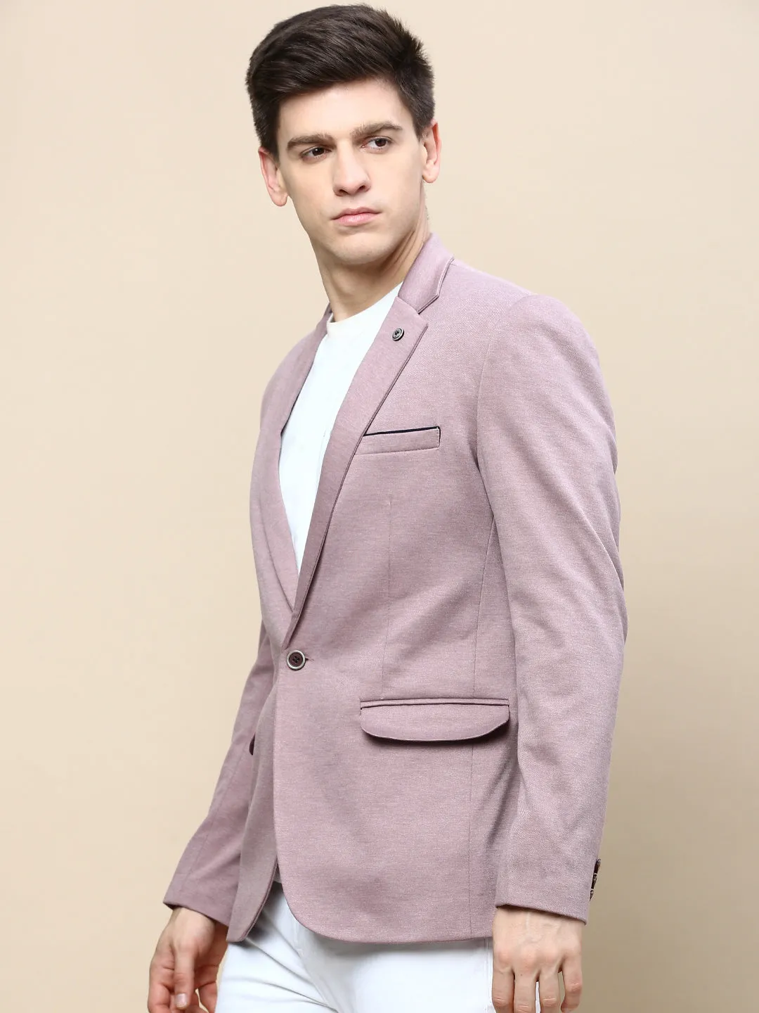 Men Mauve Solid Casual Blazers