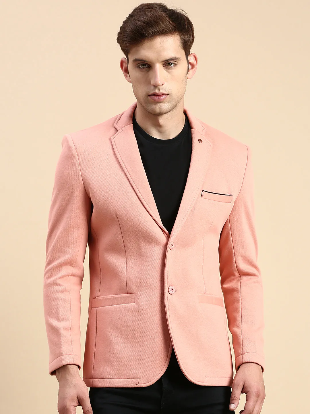 Men Peach Solid Casual Blazer