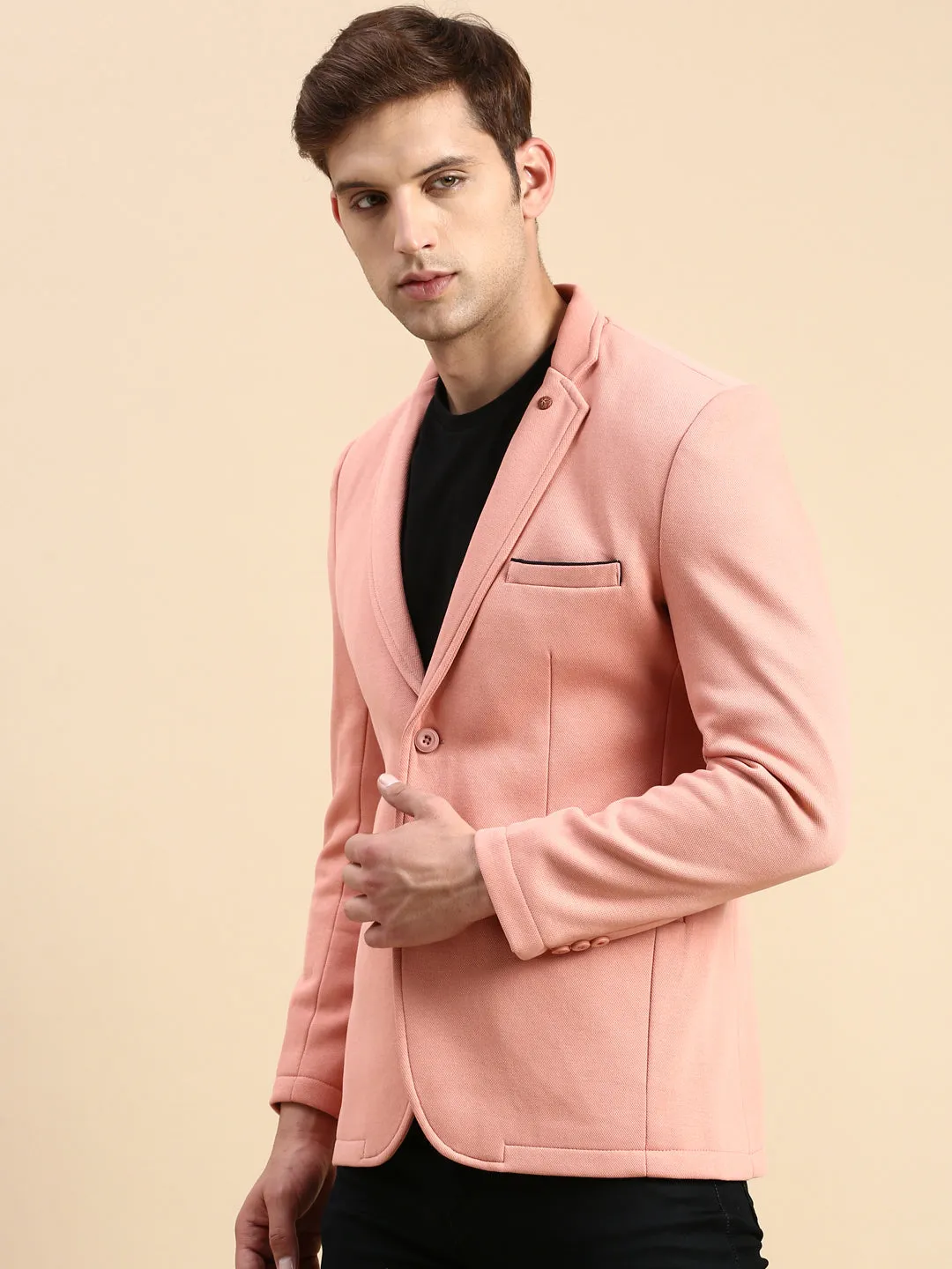 Men Peach Solid Casual Blazer