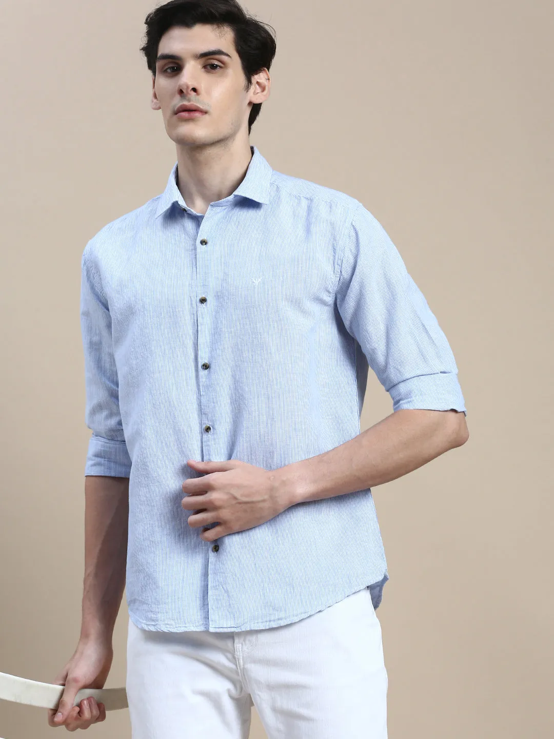 Men Spread Collar Striped Blue Shirt