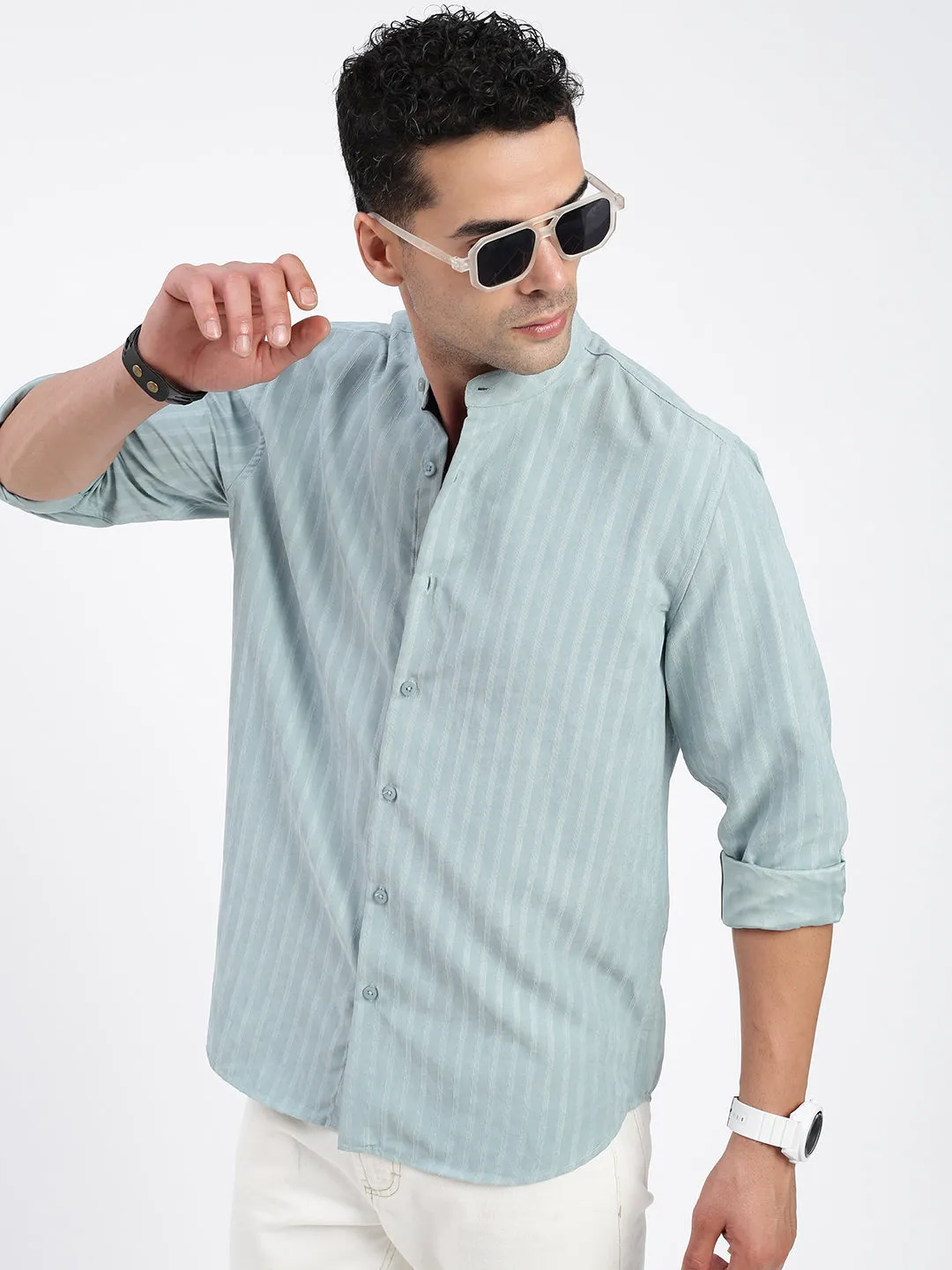 Men Striped Blue Slim Fit Shirt