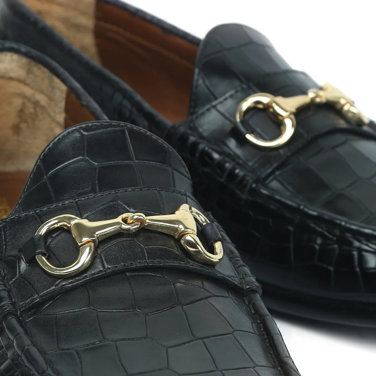 Men's Black Loafer in Croco Textured with Horse-bit Buckle