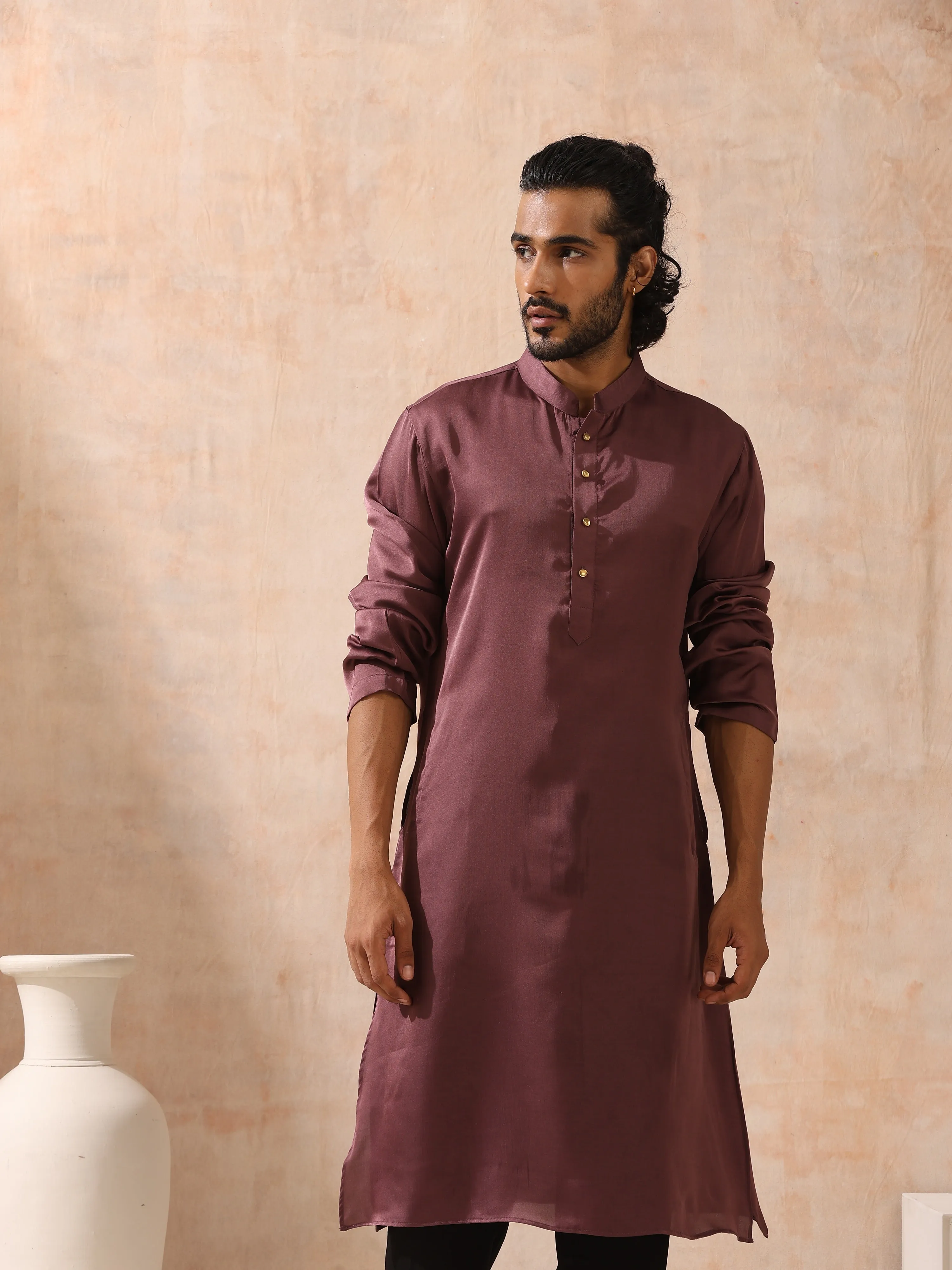 Mens Chocolate Kurta with Gold Buttons