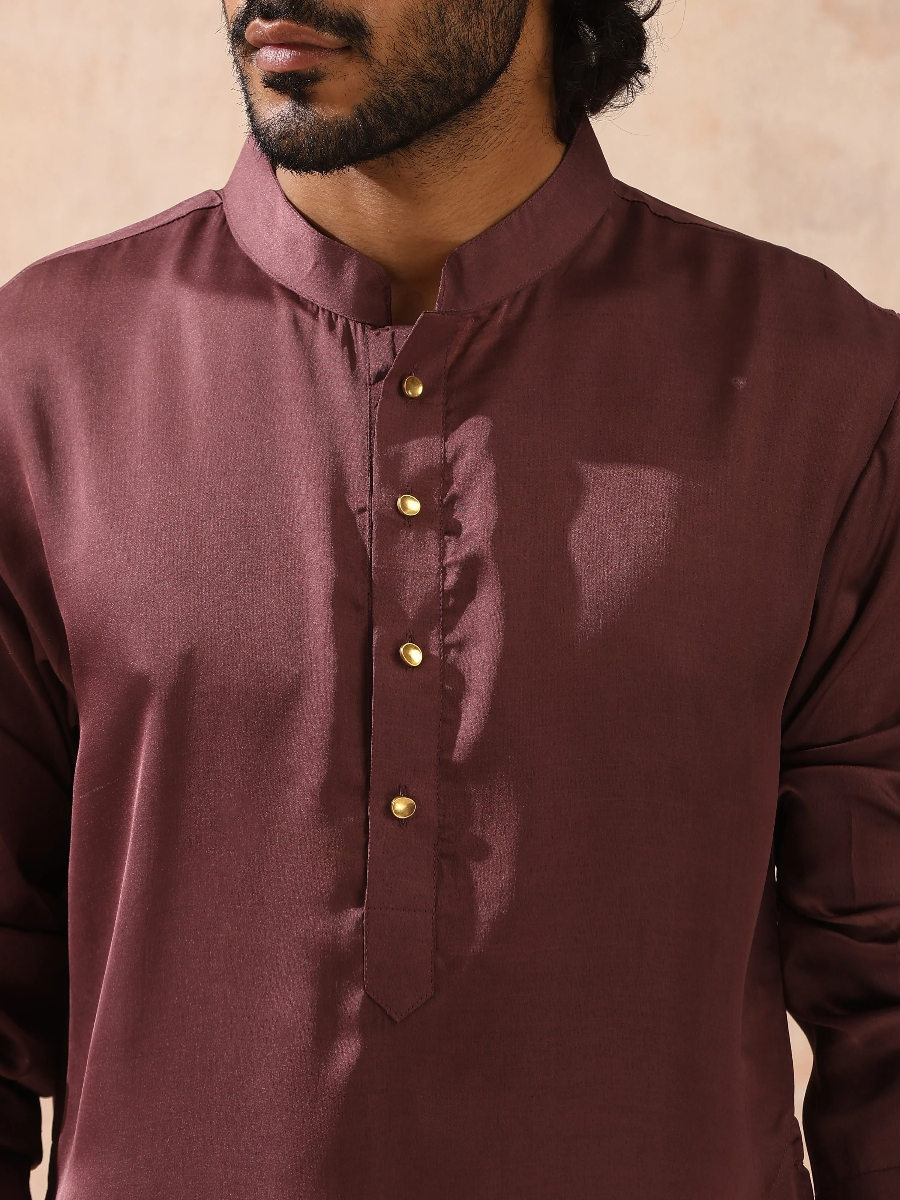 Mens Chocolate Kurta with Gold Buttons