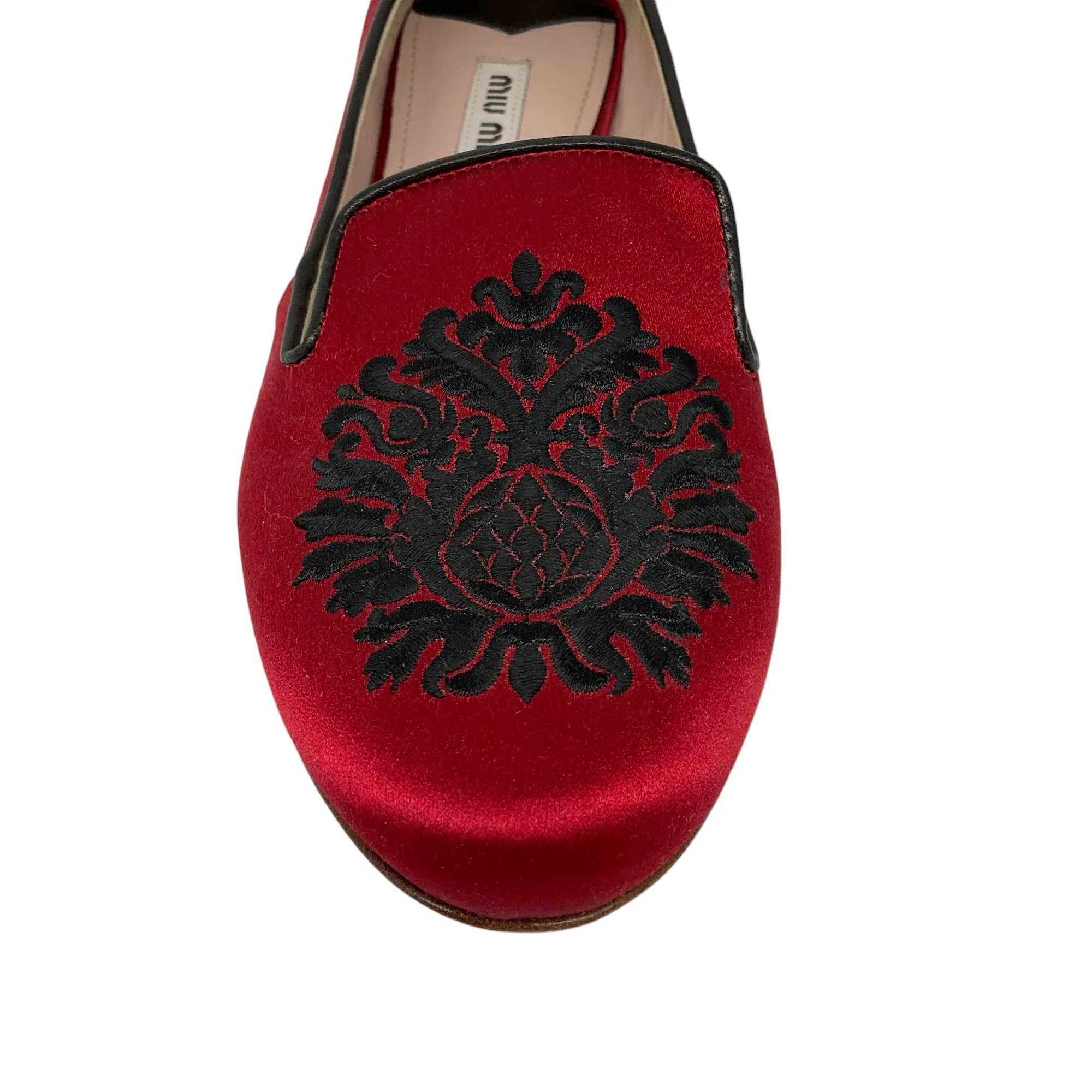 Miu Miu Red / Black Embroidered Crystal Embellished Satin Loafers