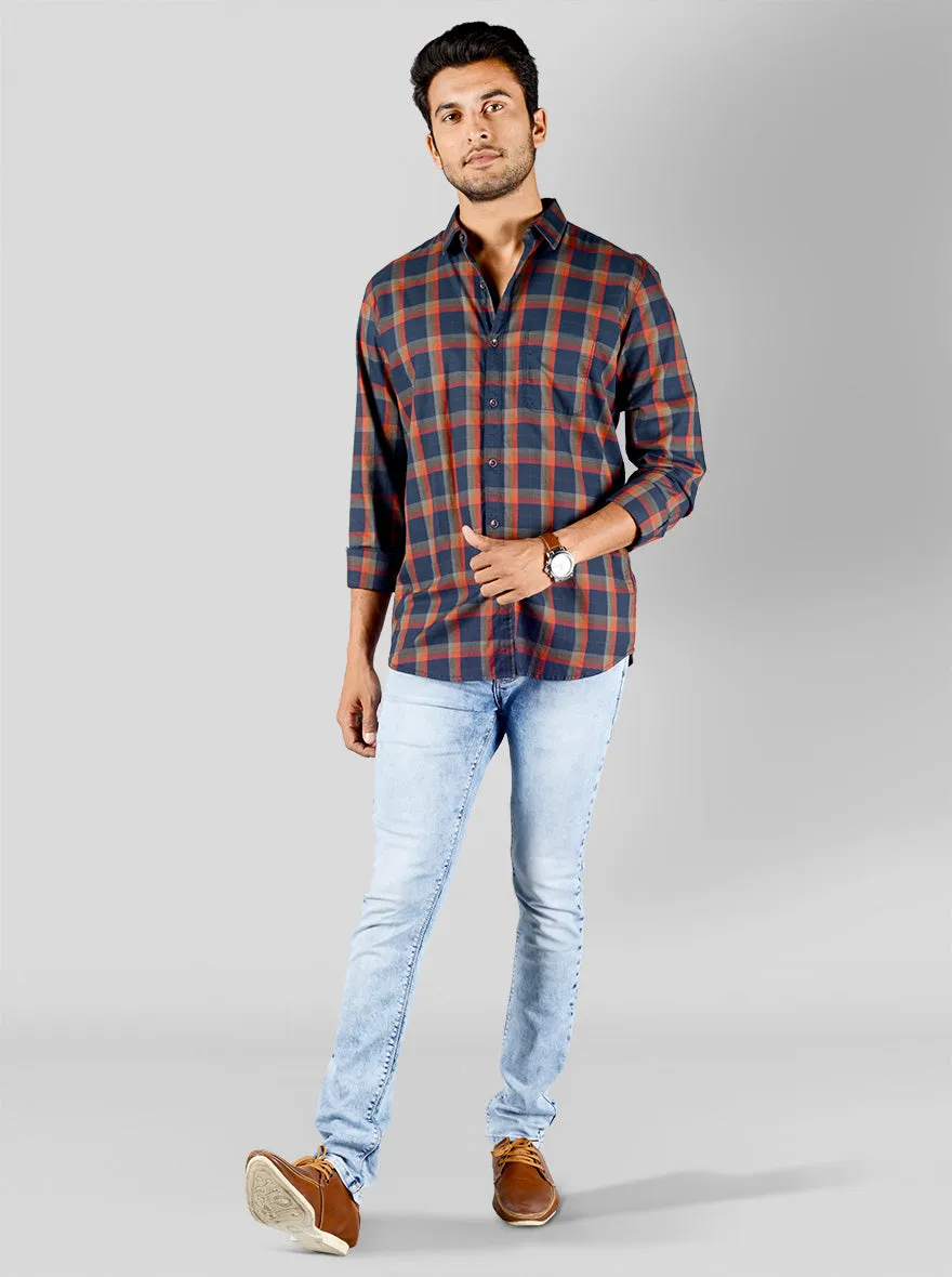 Navy Blue & Orange Checked Slim Fit Casual Shirt | JadeBlue