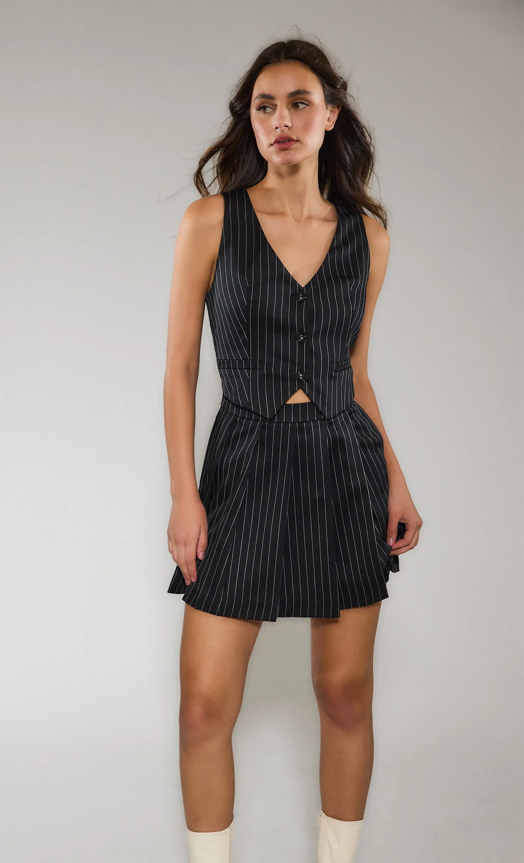 Pinstripe Pleated Waistcoat Mini Dress