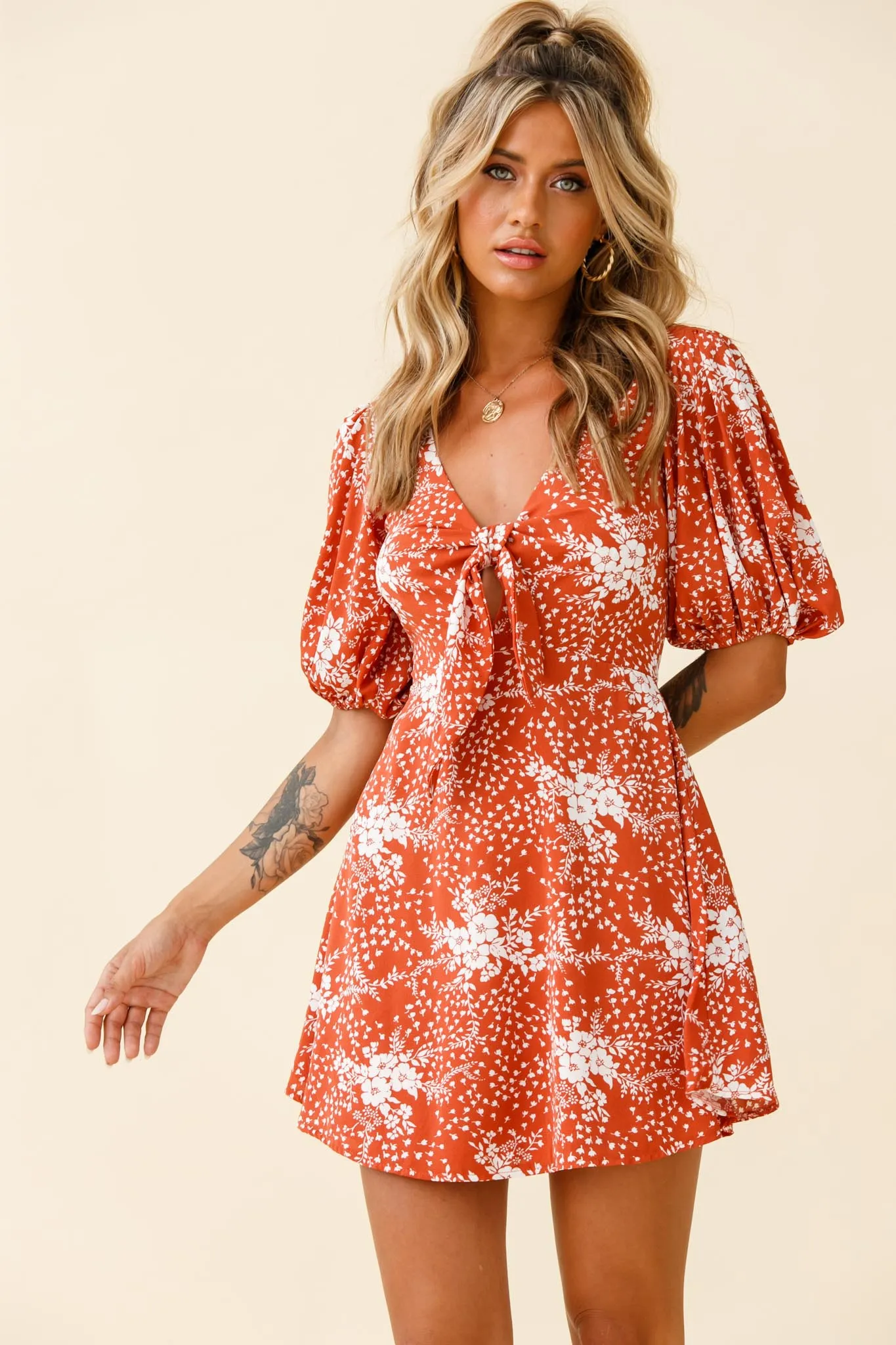 Portia Tied Bust Puff Sleeve Dress Flower Pattern Rust