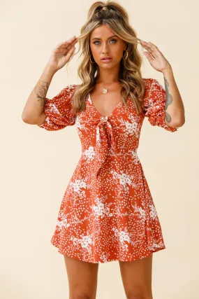 Portia Tied Bust Puff Sleeve Dress Flower Pattern Rust