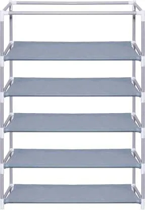 RAXON WORLD® Multipurpose 5 Layer Collapsible Shoe Rack Non-Woven Fabric Metal Pipes, Shelves with 100 GSM (Grey, Metal)