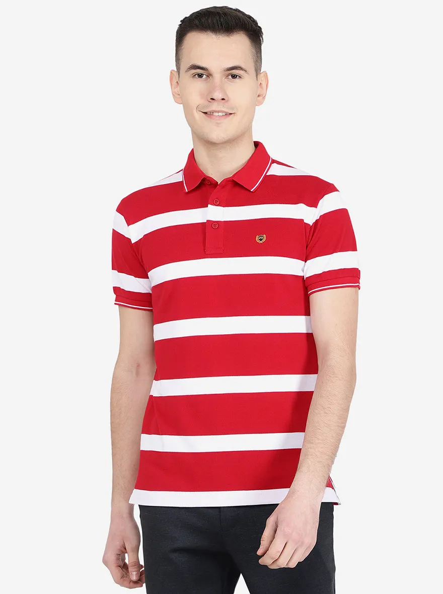 Red & White Striped Slim Fit Polo T-Shirt | Jadeblue